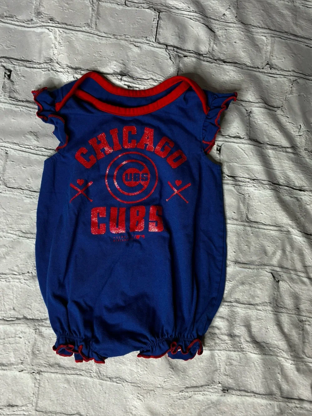 5/$20 MLB Chicago Cubs Baseball Baby Girls One Piece Glitter Logo 12M Blue Red